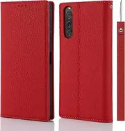 Copmob Phone Case Sony Xperia 10 V with Strap,Genuine Leather Flip Wallet Case,[3 Card Holder][Magnetic Closure][RFID-Blocking],Protective Case Cover for Sony Xperia 10 V - Red