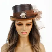 Brown Steampunk Hat Victorian Tea Party Tall Hat Venetian Hat with Veil