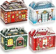Christmas Treat Boxes, 24 Pieces Plaid Santa Elf Snowman Elk Gingerbread Xmas Cardboard Present Candy Cookie Boxes with Handles, Holiday Party Favor Supplies, 4 Designs (Vivid Style)