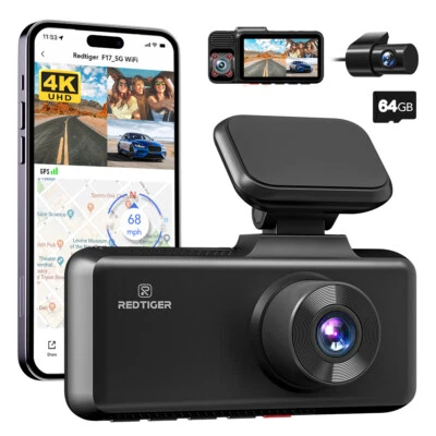 REDTIGER 4K 5G WiFi 3 Channel Dash Cam Front and Rear Inside Free 64GB SD Card