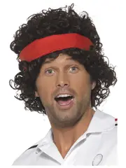 Mens 80s Eigthies Tennis Player Wig Brown Headband Athletes