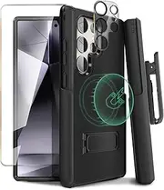 [MOTIVE] 5 in 1 Magnetic Case for Samsung Galaxy s24 Ultra with Belt Clip, 10FT Military Grade, 2x Screen Protector + 2x Camera Lens Protector, Black