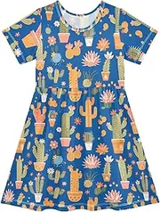 [FRODOTGV] Cactus Pot Blue Girls Princess Dress Short Sleeve Fashion Dressy Dresses for Baby Girls, Cactus Pot Blue, 4 Years