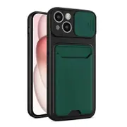 For Apple iPhone 15 Plus Card Holder Mobile Phone Case Camera Protection Lens Slider Camera Shutter Wallet Cover(Green)