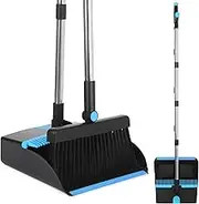 VOOWO Broom and Dustpan Set, Heavy Duty, Long Handle, Blue, Plastic, Hard Floor, Kitchen, Office, Modern Style