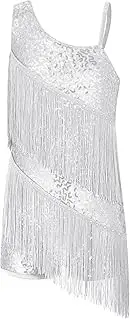 [Riismen] Girls Sequins Tassels Latin Jazz Dance Dress Oblique Straps Fringed Leotard Ballroom Dance Costume