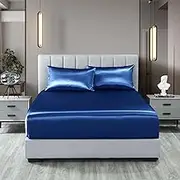 Royal Comfort Sheet Set Satin Polyester, Ultra Soft, Breathable, Silky Smooth, 1 x Fitted Sheet, 2 x Pillowcases(3 Pcs, King, Navy Blue)