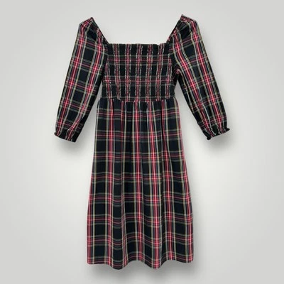 NEW J Crew Dress Black Red Plaid Midi Dress Womans 2XL Smocked Style BM070 NWT