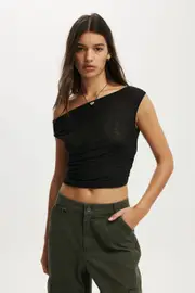 [Cotton On Women] Cotton On Women - Gathered Mesh Off Shoulder Top - Black S BLACK