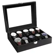 10 Slots Watch Box Black PU Leather Case Removable Watch Pillows Gift for Loved