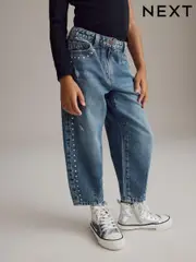Mid Blue Denim Stud Embellished Barrel 100% Cotton Jeans (3-16yrs) (B02937) | $39 - $50