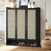 Oikiture Shoe Storage Cabinet Shoes Rack Organiser Shelf 3 Doors Rattan Style Black