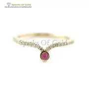 Natural Pave Diamond Ruby Chevron Ring Stackable 14k Yellow Rings Fine Jewelry