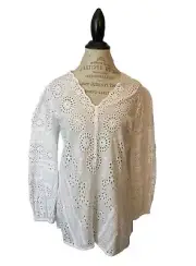 Tolani NWT Wom S White Eyelet LS Tunic Top Superb Quality