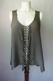 BCBG Maxazria 100% Silk Mura Blouse Lagenlook Tank Top Fringe Dusty Olive S $168