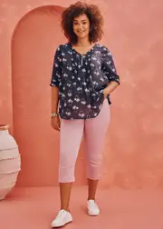 [Virtuelle] Taking Shape Cotton Palm Trees Pintuck Top Size 16 in Navy / White - Plus Size Women's Tops & T Shirts Navy / White