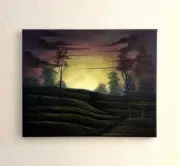 Bob Ross style wet on wet landscape painting “Final Embers of Sunlight” 16x20 In