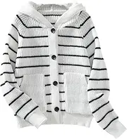 [Generic] Casual Hooded Knit Cardigan - White with Black Stripes, Button-Up Design, Functional Pockets, Everyday Wear