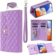 [Asuwish] Mobile Phone Case for Samsung Galaxy A14 4G/A 14 5G/M14 Case with Strap Card Slot Foldable Leather Flowers Wallet Stand 14A LTE Zip Mobile Phone Cases Protective Phone Case Purple