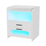 Advwin Bedside Table Wireless Charging Station LED Lights 2 Drawers Storage White
