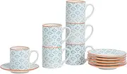 Nicola Spring 12 Piece Espresso Cup & Saucer Set - 65ml - Blue Hand Printed Tea Cup and Saucer Coffee Cappuccino Mugs Latte Drinking Mug Tea Saucer Plates