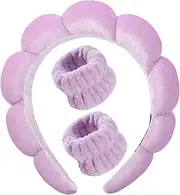 Headband for Washing Face, Velvet Makeup Headband, Bubble Skincare Headbands with Face Wash Wristbands, Sponge Puffy Headband for Women Skin Care (Purple, One size)
