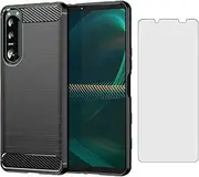 [Asuwish] Phone Case for Sony Xperia 5 II 2 / Experia 5II 5G with Tempered Glass Screen Protector Cover and Cell Accessories Slim Soft Silicone Protective Experia5ii XQ-AS72 Women Men Carbon Fiber Black