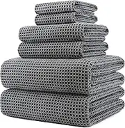 Polyte Microfibre Oversize, 76 x 152 cm, Quick Dry Lint Free Bath Towel Set, 6 Piece (Grey, Waffle Weave)