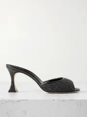[Manolo Blahnik] Manolo Blahnik - Jadara 70 Leather-trimmed Raffia Mules - Black - IT40 IT 40 Black