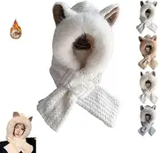 [HOBIVA] Cute Fox Ears 2-in-1 Hat and Scarf， Fox Ears Beanie Hat，Integrated Ear Protection Windproof Cap Scarf，2-in-1 Soft Plush Hooded (White,OneSize)