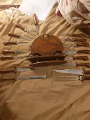 Vintage Indian carving Knife Fork Set Carved Wooden Holder steaks meat bread