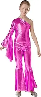 [TiaoBug] Girls Metallic Shiny One Shoulder Flare Sleeve Wide Leg Bell Bottom Jumpsuit Gymnastics Dance Outfit