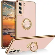 for Samsung Galaxy S21 FE Ring Holder Case Edge Plating 360 Degree Rotation Kickstand Cover Silicone TPU Women Girls Slim Soft Protective Case for Samsung S21 FE (Pink)