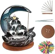 Ceramic Hand-Made New Moon Backflow Incense Holder with Cones and Sticks - Aromatherapy Home Decor & Fountain Burner Set with Fragrance Cones & Mat