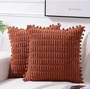 AUTOWT 2 Packs Decorative Throw Pillow Covers - 45 x 45 cm Outdoor Cushion Cases with Pom-poms - Boho Home Decor - Square Striped Corduroy Pillowcase for Couch Sofa Bed Bedroom Living Room
