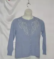 Bob Mackie Scroll Design Pearl Embellished Cardigan Size S Light Blue