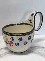 Polish Pottery Loop Handle Bowl Ceramika Artystyczna Dog Pet Paw Pattern