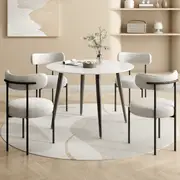 4-Seat White Dining Table Set with Plush Boucle Chairs