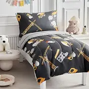 4 PC Toddler Bedding Set Construction Style for Boys Yellow Engineering Vehicle Dark Gray Toddler Bed Set with Bulldozer Tipper Truck Crane Cute Toddler Bed in a Bag with Sheet Set