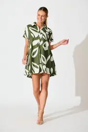 Hailey Dress Short Sleeve in Green and Ivory Print Cotton 8