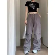 High Rise Plain Wide Leg Cargo Pants / Short-Sleeve Crop T-Shirt Pants - Gray - M