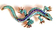 2.5" BLUE RHINESTONE GECKO LIZARD Brooch / Pendant Gold Tone~ NEW