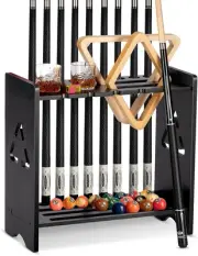 Elegant Solid Oak Pool Cue Holder - 9 Cue Capacity with Beverage Slots