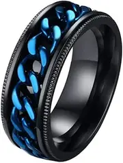 [UMtrade] Black Spinner Rings Classic Stainless Steel Mens Blue Rotating Chain Ring Two Tone Band