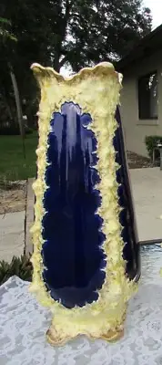 Austria Sculpted Gold Glazed Textured Mantle Art Vase Cobalt Blue Tall SPRINGER