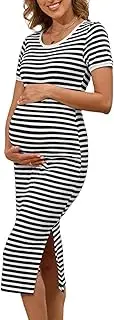 [guruixu] Striped Maternity Dress Ribbed Knit Short Sleeve Slim Fit Side Slit Bodycon Long Pregnancy Dress, Black, Large