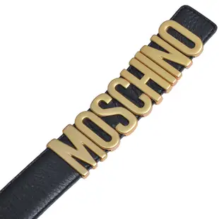 MOSCHINO 義大利製金色字母LOGO高質感荔枝壓紋防刮牛皮皮帶(黑)