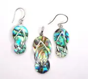 925 Sterling Silver Abalone Shell Flip Flop Sandal Earrings and Pendant Set