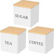 AwObEpl 3Pcs Tea Sugar Coffee Canister Set with Bamboo Lids Large Capacity Tea Sugar Coffee Container Set Sealed Tea Sugar Coffee Jar Set for Coffee Sugar Tea (White)