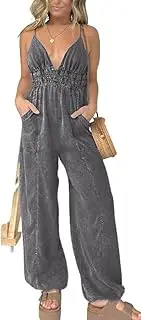 [utcoco] Womens Smocked Elastic Waist Denim Jumpsuit Sleeveless Adjustable Straps Wide Leg Jeans Overall Jumpsuits